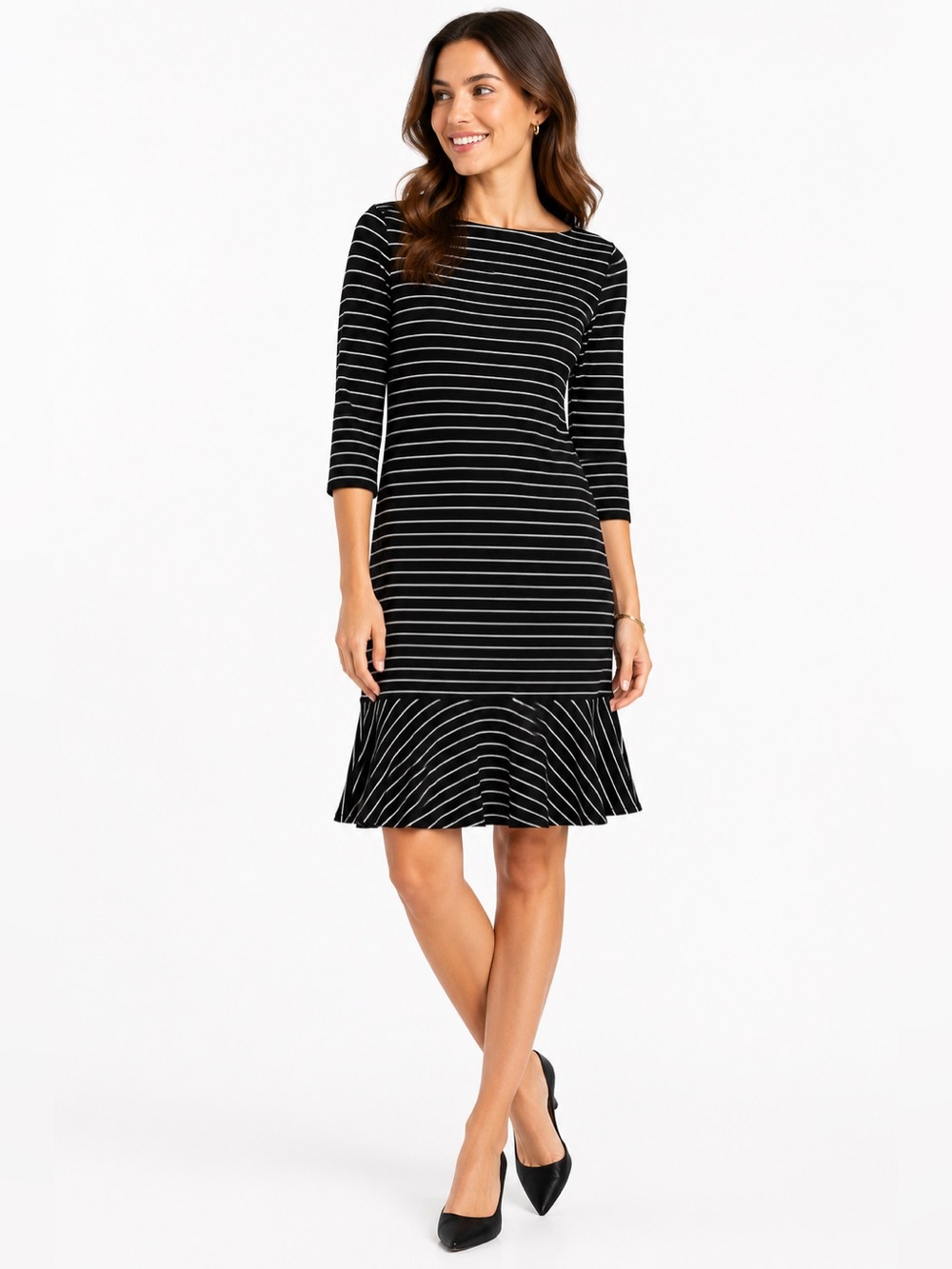 Lauren Ralph Lauren Black & White Striped Flounce Dress Size Medium